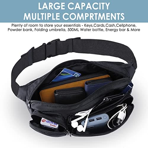 Eono Water Resistant Bum Bag with Multi-Pockets, Large Capacity Waist Fanny Pack for Hiking, Dog Walking, Travel & Outdoor Activities (Black) — view 2