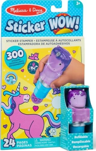 Melissa & Doug WOW 24-Page Activity Pad and Sticker Stamper | Travel Toys for Kids | Glitter Unicorn - Purple - FSC Certified