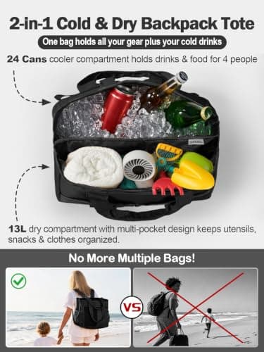 2 in 1 Insulated Dry-wet Separation Cooler Backpack Shoulder Bag 12-Hour Cold Retention, Large Leakproof Soft Cooler Bag, Waterproof Travel Cooler for Beach, Picnic, Camping for Women Black — view 2