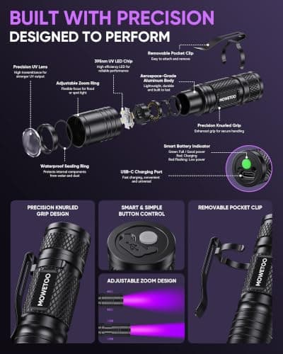 MOWETOO UV Torch Rechargeable, 395nm Zoomable LED Black Light Flashligt — view 6