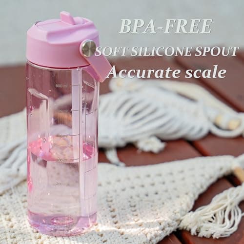 GOPPUS 600ml/20oz Clear Water Bottle with Straw, Tritan Leakproof Sports Drinking Bottle, BPA Free Wide Mouth Gym Bottle with Handle and Measurement Marks for School, Gym, Travel (Pink) — view 4