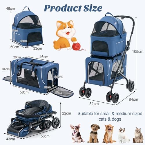 Maxmass 3 in 1 Pet Stroller, Folding Dogs Travel Carrier with Wheels, Safety Belt, Side Pockets, Breathable Mesh & Removable Pad, Pet Travel Cart for Dogs Cats (Blue) — view 5