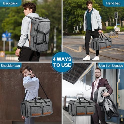 TUGUAN Convertible Garment Duffle Bags for Travel, Carry on Garment Duffel Bag Backpack for Men Women, 3 in 1 Large Suit Travel Bag with Shoe Compartment & Back Straps for Weekend Luggage, Grey — view 2