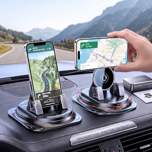 FOUDOL 360° Rotatable Car Dashboard Phone Mount, One Hand Release Auto Phone Holder, Non-Slip Gel Base Spring Clip Cell Phone Stand, Universal Compatible with iPhone Samsung All Smartphones(1pcs)