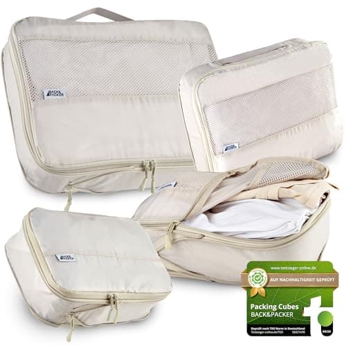 BACK&PACKER® Packing Cubes with Compression 4-Piece - Packing Bag Set Made of Recycled Material - Lightweight Organiser for Backpack & Suitcase - Includes Packing Cube for Wet Laundry & Bag (Beige)