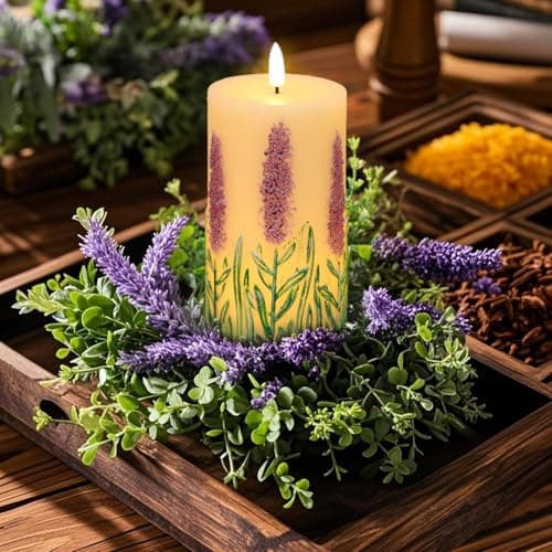 Eldnacele Lavender LED Candles Battery Operated with 6 Hour Timer, Real Wax Hand-Painted Flameless Pillar Candles with Flickering Flame for Christmas Decorations(2 Pack, 3" D x 6.5" H) — view 4