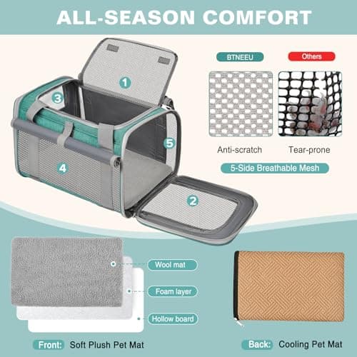 BTNEEU Soft Sided Cat Carrier Bag Airline Approved Large Pet Carrier Portable Dog Carrier Ventilated Foldable Pet Travel Carriers Bag For Cats With Shoulder Strap & Washable Mat (Lake Green) — view 3