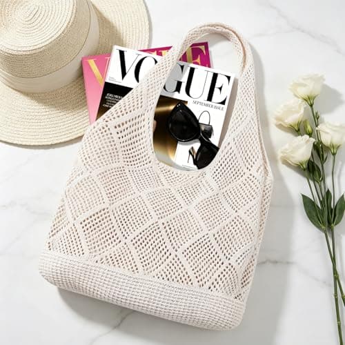 TIECHI Woven Beach Bag - Retro Hollow Crochet Tote Bag for Women, Summer Boho Mesh Beach Bags for Holiday Daily Work Shopping Travel (Beige) — view 3