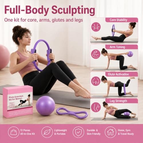 Purecas Home Pilates & Yoga Starter Kit for Women & Beginners | 9 Inch Exercise Ball, Resistance Bands, Pilates Ring, Ankle Straps | Essential Equipment Set for Core Workouts, Stretching — view 5