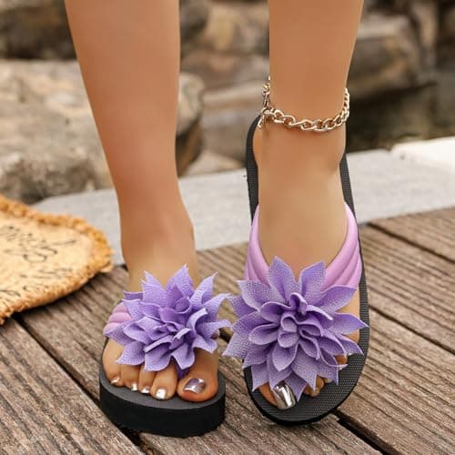Flower Flip Flops Women Beach Slippers Size 6.5 Boho Open Toe Slip on Flat Sandals Summer Comfortable Yoga Mat Thong Sandals for Pool, Travel Vacation Slippers Flower Purple Footwear Gift — view 3