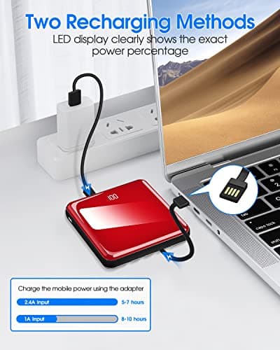 Portable Charger, 10000mAh Power Bank with Built in 4 Cables, Slim Smallest Portable Charger LED Display, External Battery Pack Travel Essential Phone Charger for iPhone Samsung iPad Android (Red) — view 6