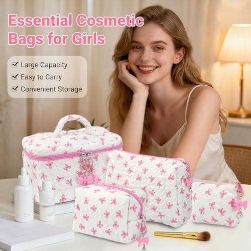 Mulaibdin 4 Pcs Makeup Bag, Coquette Cosmetic Bags for Women & Girls, Cute Skincare Bag for Travel, Portable Bow Make Up Bag Set, Quilted Toiletry Bags Cotton for Birthday Gifts (Pink+White) — view 5