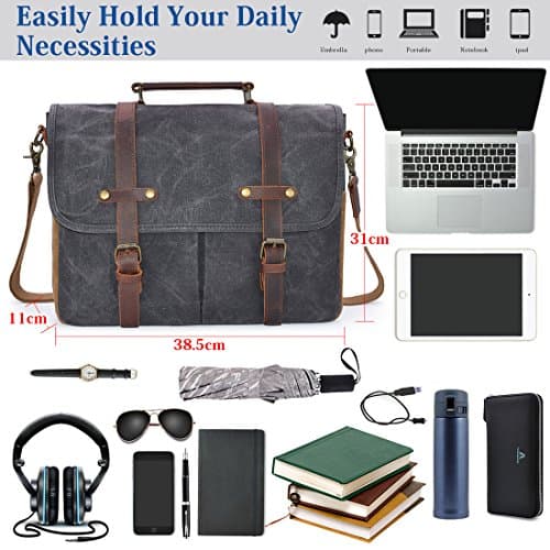NEWHEY Mens Laptop Shoulder Canvas Messenger Bag Waterproof Computer Briefcase Notebook Vintage Satchel Designer School Work Bags Grey 15.6 Leather — view 4