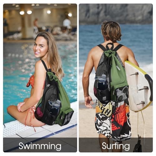 WANDF Swim Bag Mesh Drawstring Backpack with Wet Pocket for Swimming, Gym, and Workout Gear (Dark Green) — view 2