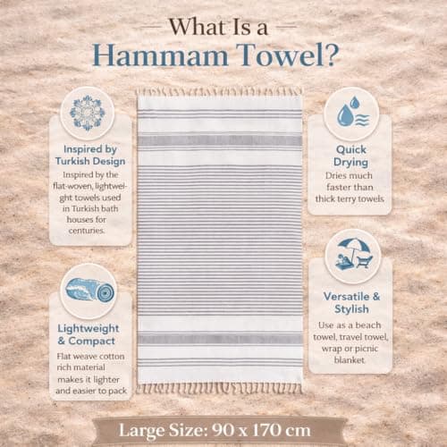 Adore Home Large Hammam Beach Towel Striped Turkish Style Fouta Peshtemal Cotton, Rio Stripe Grey — view 3