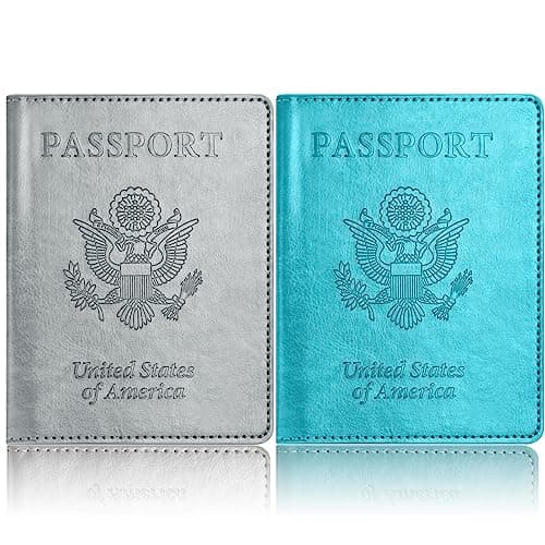 Eoehro Passport Holder for Travel Essentials-2Pack, Passport Wallet Cover Case for Travel Must Haves Accessories,Passport Book Holders for Women and Men, CH-turquoise+grey, Minimalist
