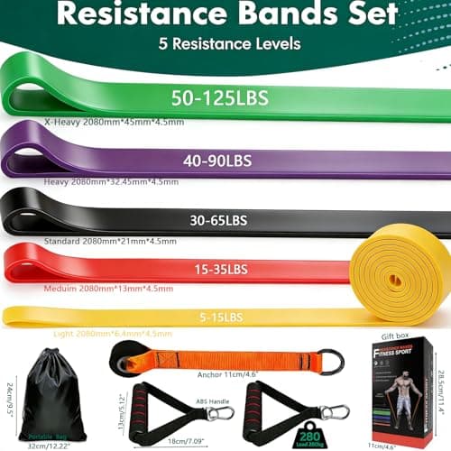 Professional Exercise Bands Set of 5, Heavy Duty TPE Resistance Bands (Up to 125lbs), 4.5mm Thick Exercise Bands for Pull-Up Progression & CrossFit,Odourless Workout Set with Pro Handles & Door Anchor — view 2