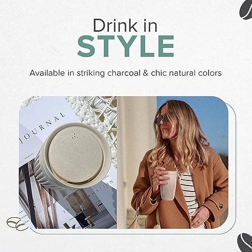 HUSKEE Coffee Cups with Lids - Reusable Coffee Cup with Unique Fins for Espresso, Cappuccino, Americano, Mocha - Insulated & Portable Latte Cups Made with Repurposed Coffee Husks (Natural, 12oz) — view 5