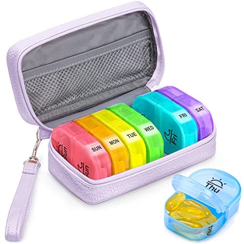 AUVON Weekly Pill Organiser with PU Leather Bag for Women, Dual Protection