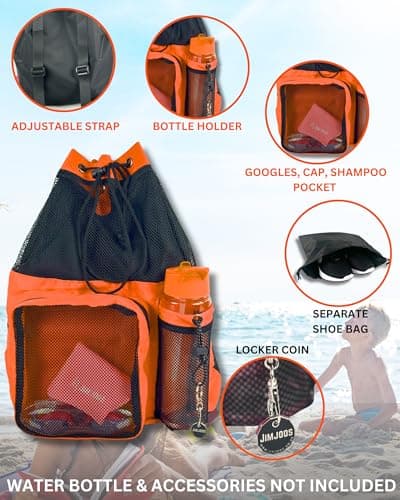 JIMJOOS Drawstring Mesh Swimming Bag - 25L Waterproof Swim Bag with Wet/Dry Compartment, Multifunctional Sports Backpack for Kids, Adults, Swimming, Surfing, Beach, Gym (Orange) — view 4