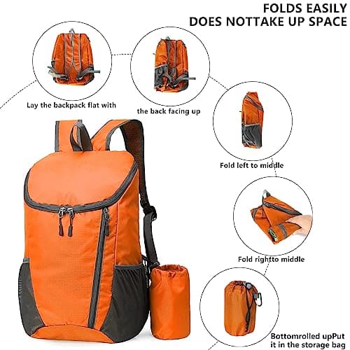 Yoolly Lightweight Foldable Backpack, Small Hiking Rucksack, Waterproof Packable Backpack for Men Women Kids, Durable Rucksack for Outdoor Sport Travelling Hiking Camping Biking Walking (Orange) — view 5