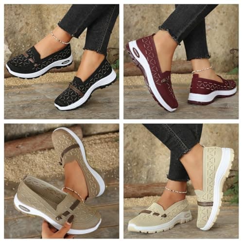 Women's Slip On Walking Shoes Breathable Mesh Knit Flats (Coffee,4) — view 4