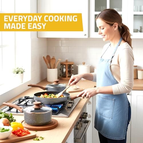 Kichly Non-Stick Granite 8 Pcs Cooking Pots and Pans Set Nonstick Cookware Induction Hob pan Set with 20cm, 28cm Frying Pan Set and 20cm,18cm & 16cm Saucepan Set with Lids (Grey) — view 4