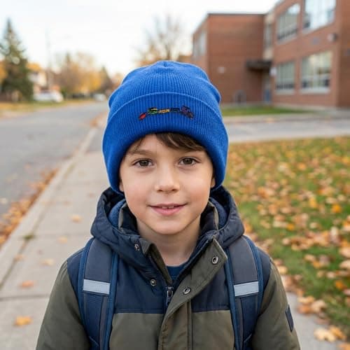 Purple Print House Embroidered Train Kids Beanie Hat - Train and Carriages Design Winter Knit Beanie for Toddler Boys School Travel, One Size, Red — view 3