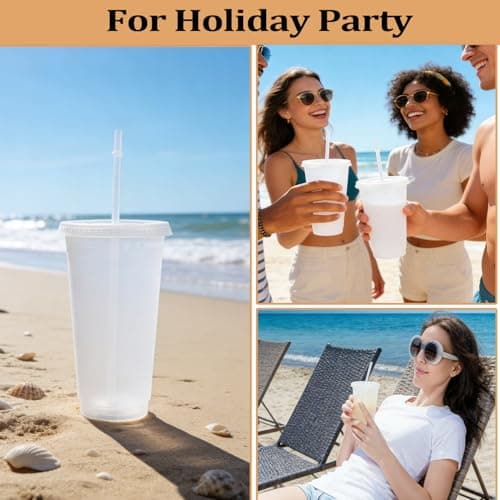 Punklong 10 Pack Clear Plastic Cups with Lids and Straws,24 oz Reusable Clear Plastic Tumblers,Party Tumbler Cup Iced Coffee Cup Travel Mugs for Adult Kid Women Party and Beach — view 4