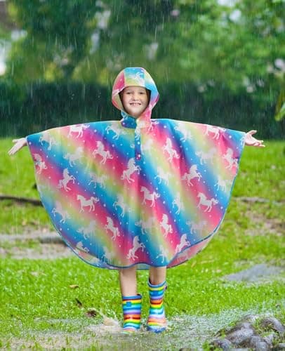 WAWSAM Kids Poncho Waterproof - Rainbow Unicorn Rain Poncho for Girls - Lightweight Hooded Raincoat with Storage Bag - Portable Rainwear for School & Travel — view 2