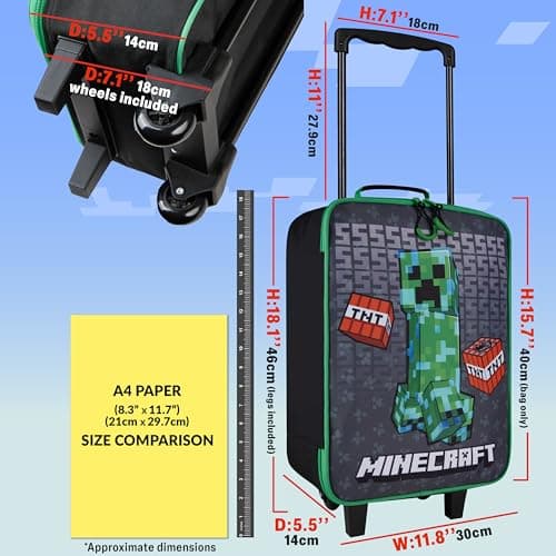 Minecraft Kids Suitcase for Boys and Girls Foldable Trolley Hand Luggage Bag Carry On Gamer Travel Bag with Wheels Size Cabin Bag Wheeled Bag with Handle Trolley Suitcase Boys, Black/Green — view 2