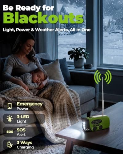 Esky Wind Up Solar Emergency Radio, Portable Hand Crank AM/FM Radio with 2000mAh Rechargeable Power Bank, USB Phone Charger, 3 LED Flashlight, SOS Alarm for Power Outage/Camping/Hiking(Green) — view 2