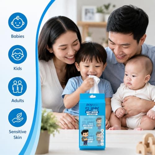Super Mini Wet Wipes Travel Size, Sensitive Portable Travel Wipes - Hand and Face Wipes for Adults, Kids & Baby Care, 8 Pack Total 64 Wipes (Blue, Pack of 8) — view 3