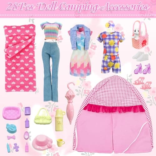 28Pcs Doll Clothes Travel Camping Tent Set, 11.5 Inch Dolls Accessories with Doll Tent Sleep Bag Clothes Picnic Mat Pet Supplies Travel Goods Pet Dog Eye Mask Shoes for Kids — view 2