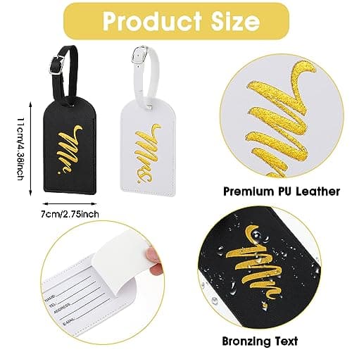 Simarro 2 Pcs Luggage Tags, PU Leather Travel Tags Mr and Mrs Gifts, Bridal Shower Gift for Married Couples Honeymoon Lovers Travel Outdoor Use — view 4