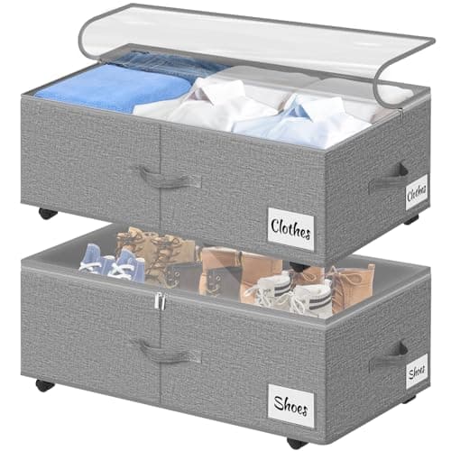 Kukikan Under Bed Storage on Wheels, 2-Pack 24 CM XXL 75L Rolling Under Bed Storage Bag with Zip, Simple Assembly Under Bed Storage Box with Lid & Label, Under Bed Drawers for Clothing, Shoes, Grey