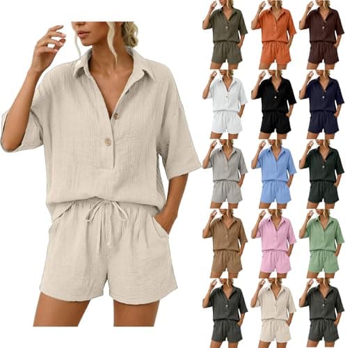 Linen Coord Sets for Women UK Beige Button Short Sleeve Shirt and Drawstring Shorts Leisure Suit Loungewear Outfit Jogger Tracksuit Set Loose Comfy sets with Pockets Home Office and Holiday