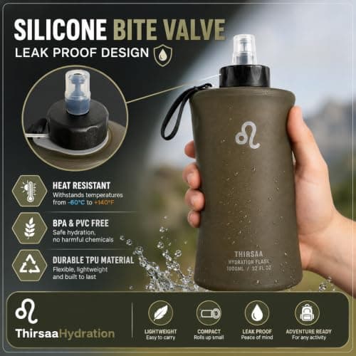 Thirsaa Collapsible 1L Soft Flask Water Bottle (2 Pack), BPA FREE Hydration Bottle with Roll Up Design for Running, Hiking, Cycling or Travelling (2, Charcoal) — view 4