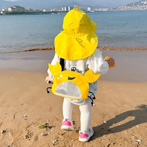 Mesh Beach Toy Bag, Crab-Shaped Shell Collecting Bag with Adjustable Shoulder Strap, Cute Sand Toy Storage for Kids,Yellow — view 3