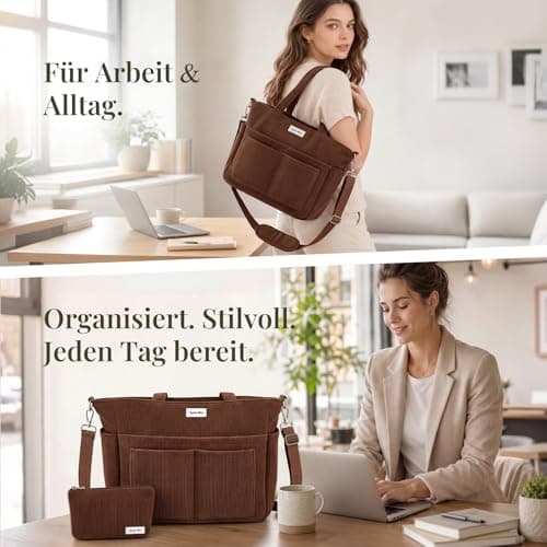 Captain Blues Corduroy Tote Bag for Women with Zip, Large Capacity Work Bag with 14 Pockets & Compartments, Adjustable Shoulder Strap, Ideal for School, Travel, College & Teachers (Coffee Brown) — view 2