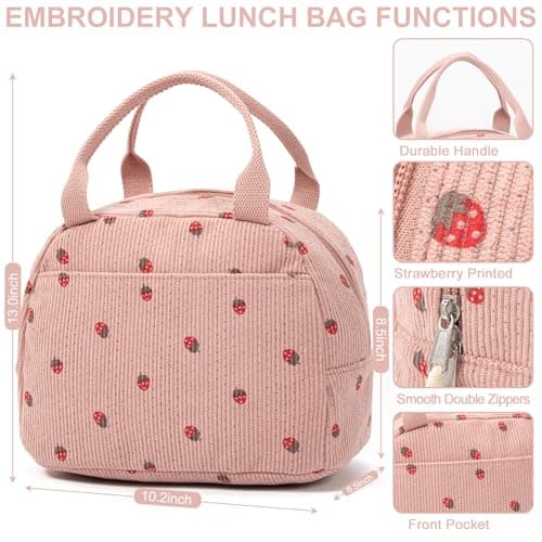 Pink Insulated Kids Lunch Bags, Strawberry Kids Lunch Bags Cooler Tote, Cream Cooler Tote Lunch Box for Women & Kids, Large Lunch Box for Women, Femme Womens Lunch Bag for Work, Picnic, Camping — view 3