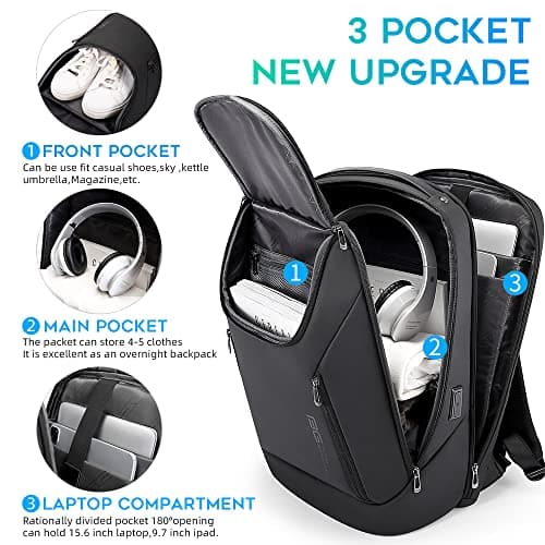 BANGE Business Smart Backpack Waterproof laptop backpack with USB Charging Port,Travel Durable Backpack (BlACK(three Pocket) — view 2