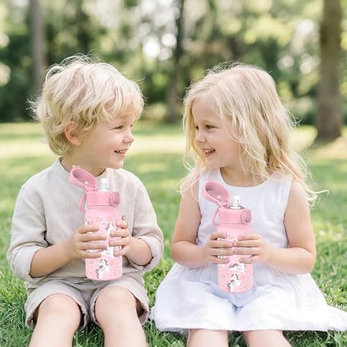 GOPPUS 350ml/12oz Kids Stainless Steel Water Bottle with Straw Toddler Drinks Bottle with Handle Small Insulated Bottles for Girls School Cold Metal Flask with Flip Top Lid BPA Free (Pink Unicorn) — view 6