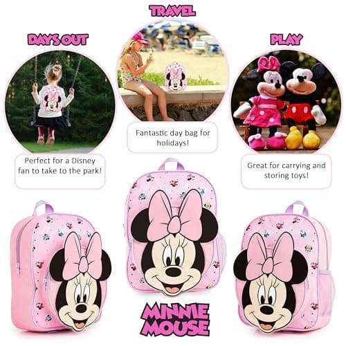 Disney Minnie Mouse Backpack Girls Rucksack for Toddlers Nursery Preschool Lightweight Daypack Travel Days Out Sleepovers (Pink Minnie 3D) — view 3