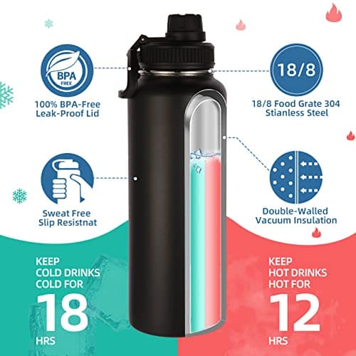 Volhoply 1200ml Insulated Water Bottles Paracord Handle, Stainless Steel Sports Bottle with Spout Lid, Double Walled Travel Water Cups with Wide Mouth, Reusable Water jug for Adults (Black, 1 Set) — view 2
