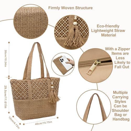 YAMEIZE Straw Woven Beach Shoulder Bags for Women Big Foldable Straw Tote bag Lightweight Raffia Bag with Zipper Summer Vacation — view 4