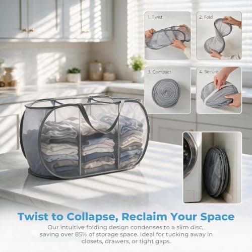 Collapsible Mesh Laundry Hamper Pop Up 3 Compartments with Handles & Pocket — view 5