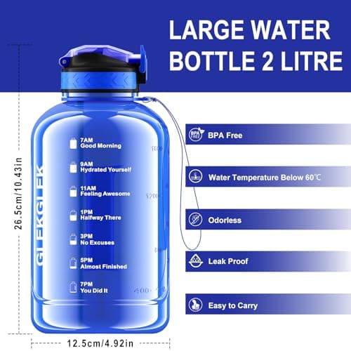 GLEKGLEK 2 Litre Water Bottle with Straw, Motivational Sports Jug Dark Blue — view 2