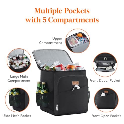 Lifewit 26L Insulated Cooler Picnic Backpack, 34-Can Large Cool Bag, Black — view 4
