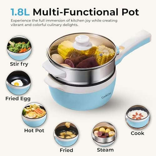 Electric Hot Pot with Steamer – 1.8L Multi-Functional Cooker, Non-Stick, Adjustable Temperature, Portable & Compact for Easy Cooking, Boiling, Simmering & Frying – Ideal for Home, Dorm & Travel (Blue) — view 2